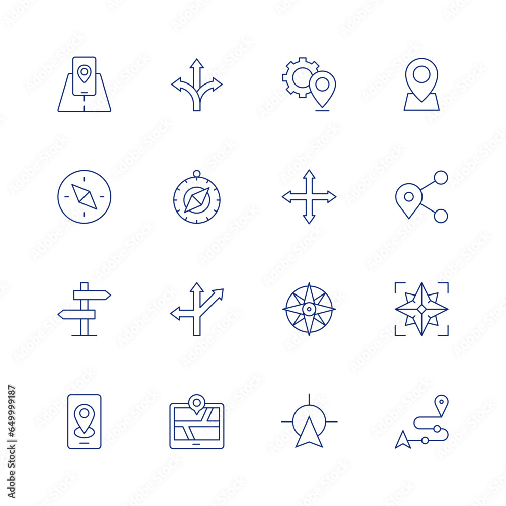 Navigation line icon set on transparent background with editable stroke. Containing ar, choice, compass, direction, flexibility, gps, gps navigation, location, move, navigation, north, placeholder.