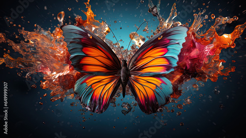 Abstract painting concept. Colorful art of a butterfly flying and surrounded by water splashes. Generative AI