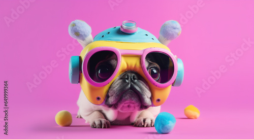 Fairy Kei style pug dog wearing a VR headset and experiencing virtual reality simulation, metaverse and cyberspace. On pink background. Generative AI © zaschnaus