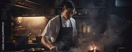 Asian chef cooking in the Chinese restaurant kitchen with smoke background.