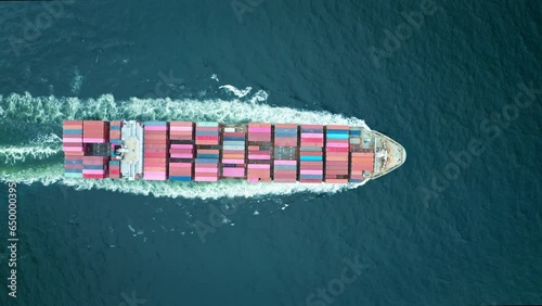 4K resolution high angle view of a container ship sailing at the sea for transportation.