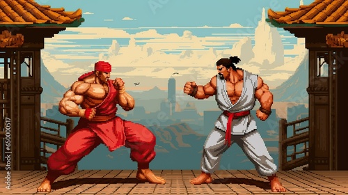 Retro fighting games. Classic 90's arcade pixel art. 