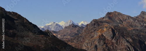 snow capped himalaya mountains and arid landscape of tawang  close to the india china border in arunachal pradesh  north east india