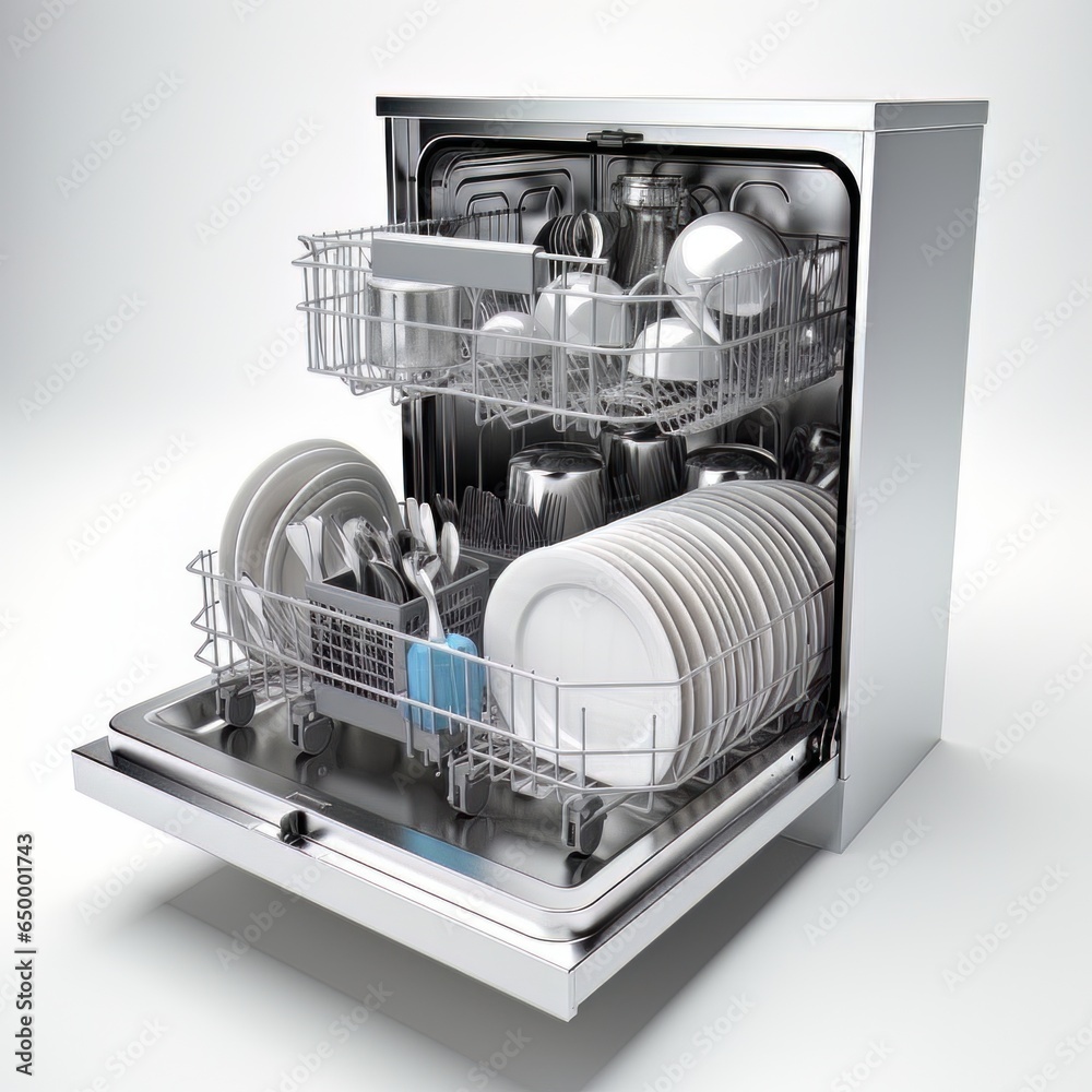 Open dishwasher with clean dishes inside. AI Open dishwasher with clean dishes inside. AI