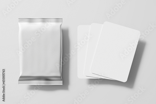 2,5 x 3,5 inch size blank trading card collectible game set with shiny foil plastic booster pack mockup isolated 3d rendering illustration