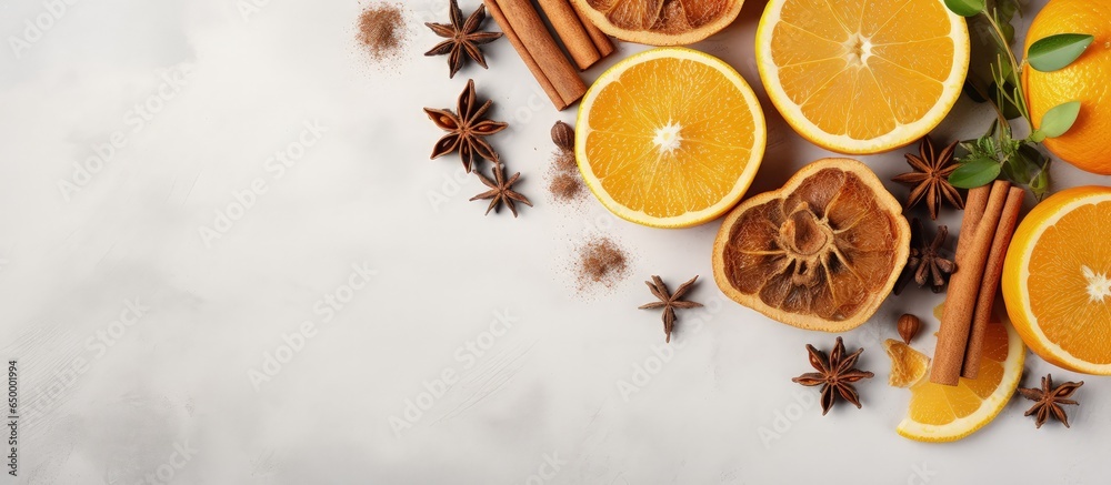 Dried orange slices cinnamon anise and lemongrass on light background Benefits include health skincare haircare anti aging and stress reduction Dried orange slices cinnamon anise and lemongrass on light background Benefits include health skincare haircare anti aging and stress reduction