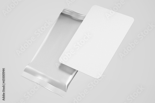 2,5 x 3,5 inch size blank trading card collectible game set with shiny foil plastic booster pack mockup isolated 3d rendering illustration