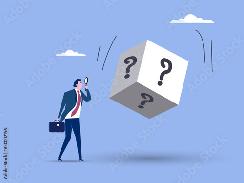 Random or chance to win, gamble, risk management or analyze opportunity, prediction or forecast future, unknown or uncertain concept, businessman with magnifying glass analyze dice with question mark.