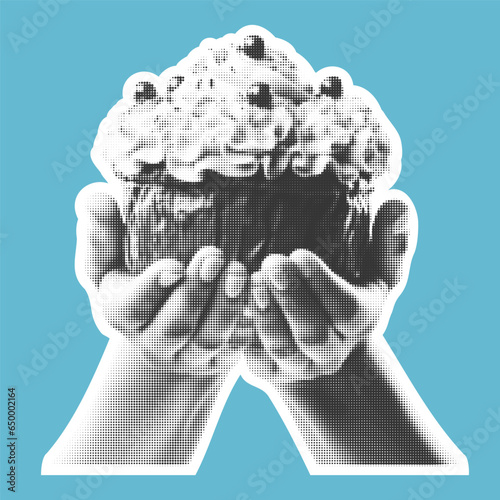 Halftone hands holding a cake. Collage design element in trendy magazine style. Vector illustration with vintage cutout shape.