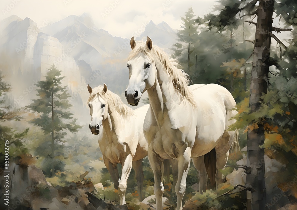 White Horses in a Forest Oil Painting artwork, wall art, illustration, High resolution, Printable - obrazy, fototapety, plakaty 