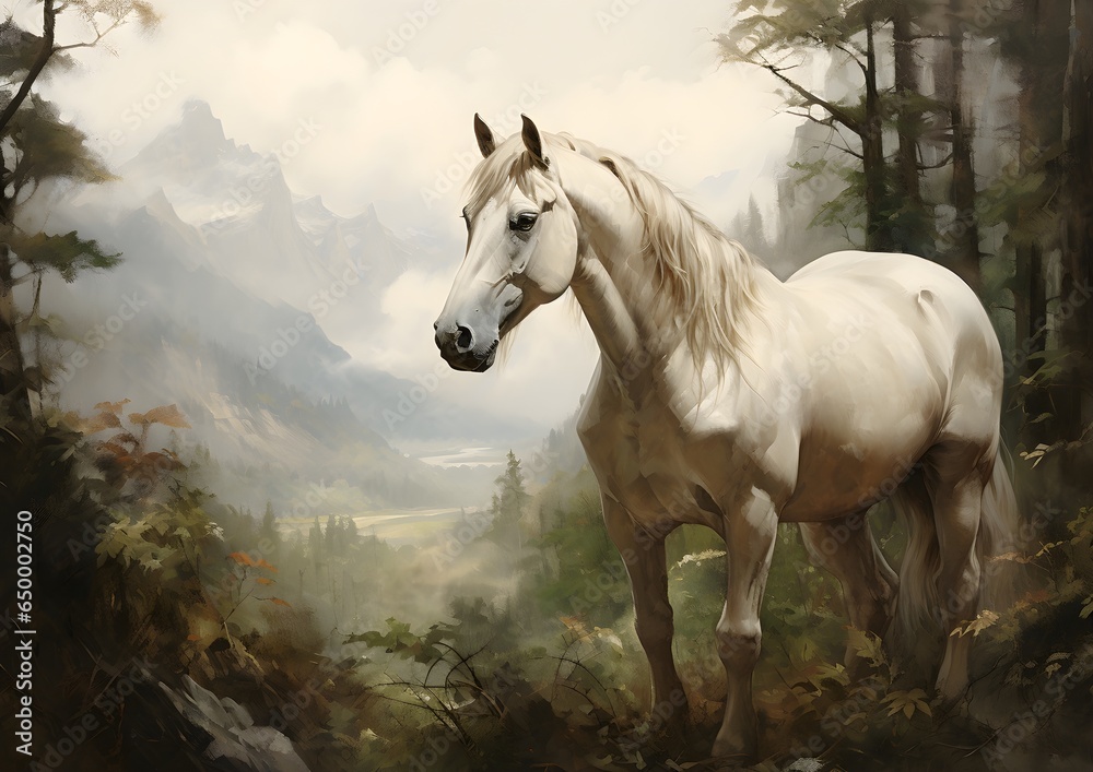White Horse in a Forest Oil Painting artwork, wall art, illustration, High resolution, Printable