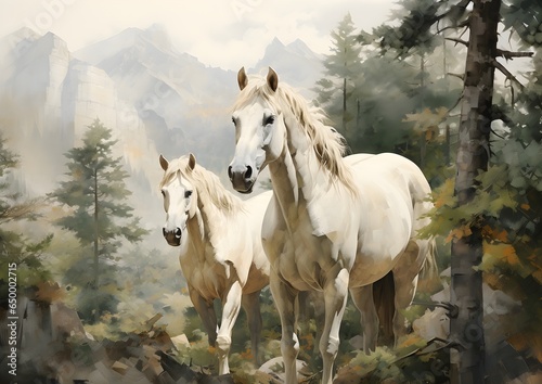 White Horses in a Forest Oil Painting artwork, wall art, illustration, High resolution, Printable