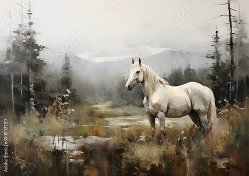 White Horse in a Forest Oil Painting artwork, wall art, illustration, High resolution, Printable