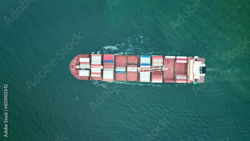 4K resolution high angle view of a container ship sailing at the sea for transportation.