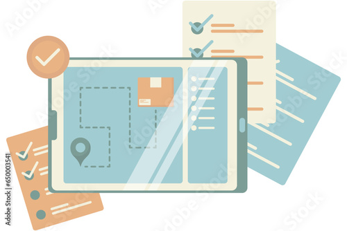 location of goods delivery destination, list of consignees, monitor showing travel route