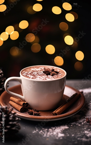 Hot chocolate, coffee, or cacoa with cinnamon. Winter holidays Christmas drink concept