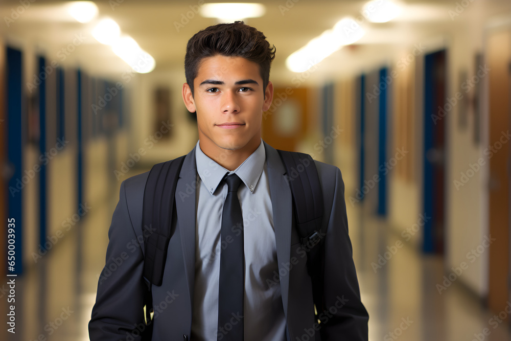 Fototapeta premium happy young Hispanic male high school student standing in a hallway, embodying the spirit of education and personal growth