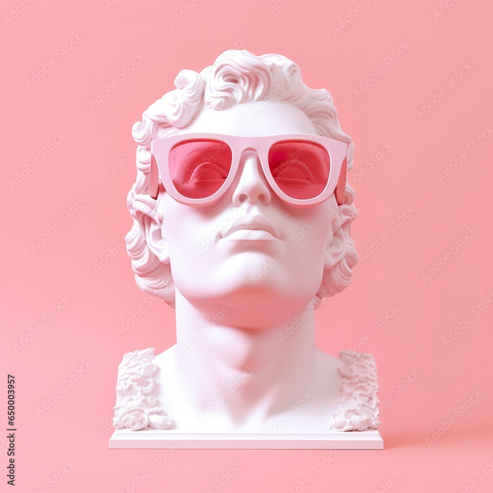 The head of a white mythological statue with fashionable pink glasses on his eyes, frame in profile.