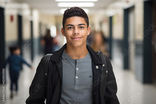 happy young Hispanic male high school student standing in a hallway, embodying the spirit of education and personal growth