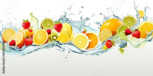 Swirl water splash with fruits. liquid flow with ice cubes and a mix of fresh fruits. 