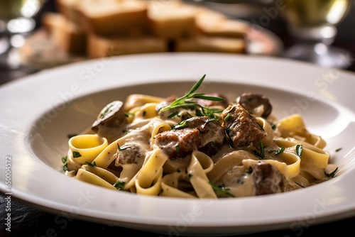 Tagliatelle with sausage and porcini, Pasta with sausage and summer cep mushroom. 