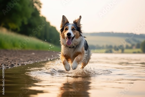The dog runs on the water. © RABEYAAKTER