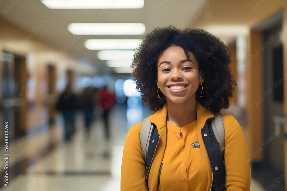 happy young Black female high school student standing in a hallway, embodying the spirit of education and personal growth happy young Black female high school student standing in a hallway, embodying the spirit of education and personal growth