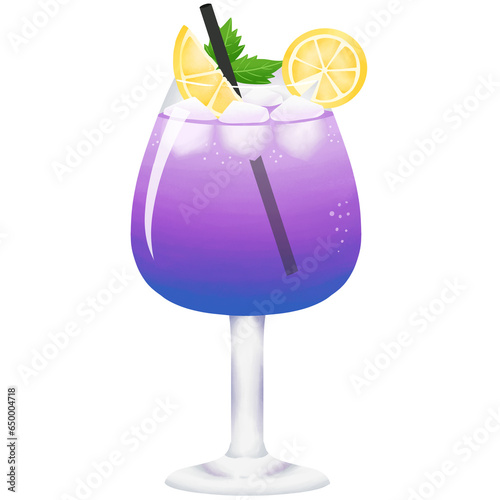 Ice Purple Blue Cocktail With Lemon, Cool, Cold, Alcohol, Drink, Beverage, Tropical, Party, Stargazing, Fresh, Refresh, Night, Champagne, Liquor, Straw, Mint, Green, Yellow, Brush Style Illustration
