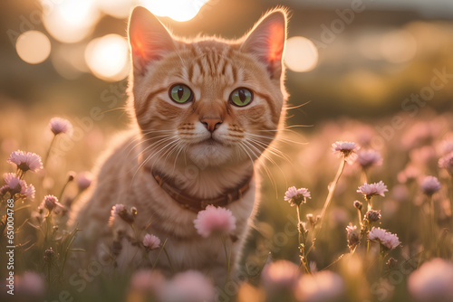portrait beautiful fluffy cat sits in a thicket of bright blue and lilac flowers