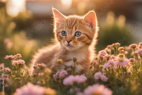 portrait beautiful fluffy cat sits in a thicket of bright blue and lilac flowers © Luci