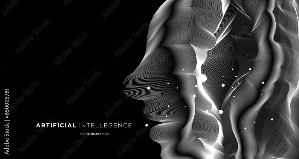 Naklejka premium Vector wave lines flowing dynamic face in black and white isolated background for the concept of AI technology digital communication science music 