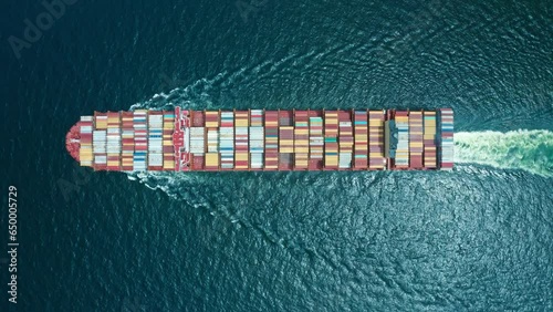 4K resolution high angle view of a container ship sailing at the sea for transportation.