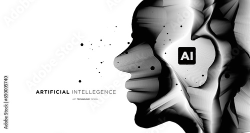 Vector wave lines flowing dynamic face in black and white isolated background for the concept of AI technology digital communication science music
