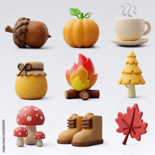 Collection 3d of Autumn forest elements, Hello autumn concept