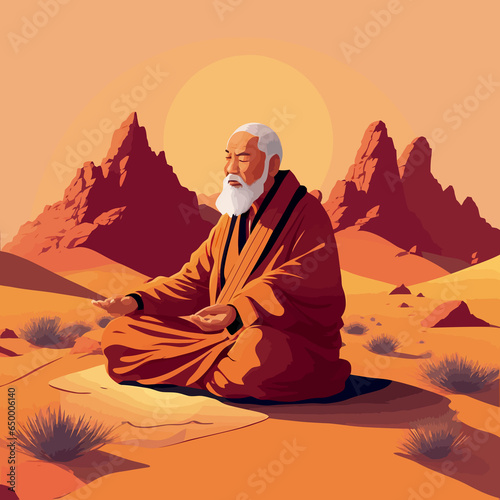 old man yogi meditating cartoon illustration relax peace