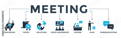 Meeting banner web icon vector illustration for business meeting and discussion with communications, topics, solutions, plan, inform and video conference icon