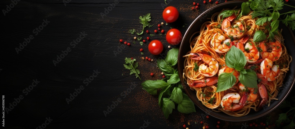 Tasty spaghetti with pesto sauce shrimps served in bowl top view dark background