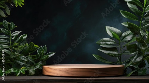 podium for product stand or display with plant background and cinematic light  front view