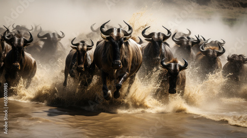 Wildebeest crossing the Mara River during the annual great migration. Every year millions will make the dangerous crossing when migrating between Tansania and the Masai Mara in Kenya © Oulailux