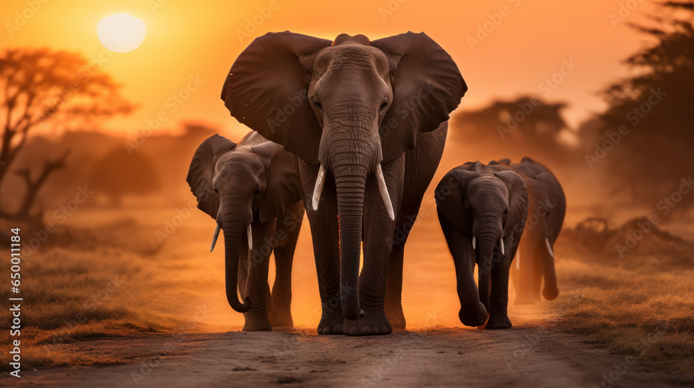 Fototapeta premium Elephants at sunrise in Amboseli National Park. Horizontal banner in popular social media proportions.