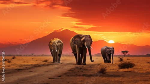 Elephants at sunrise in Amboseli National Park. Horizontal banner in popular social media proportions. © Oulailux