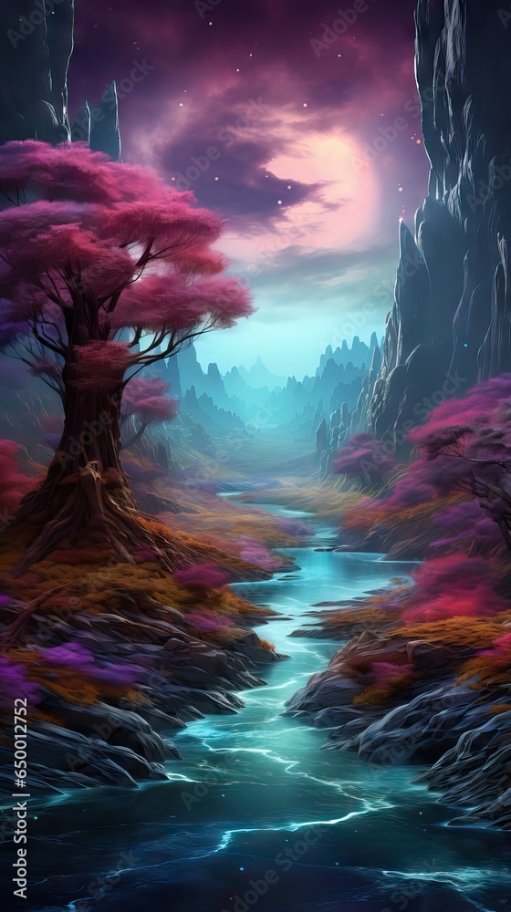 Fototapeta premium Vertical image showcasing metaphysical and astral skies, transporting viewers into mesmerizing fantasy realms beyond reality. Generative AI.