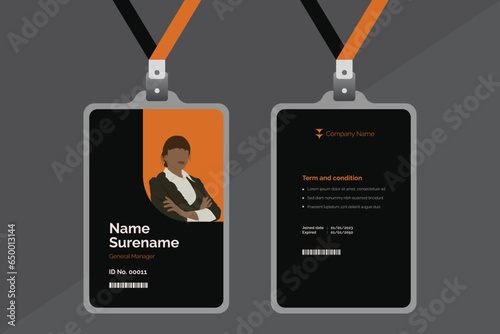 Black corporate id card template, clean id card design with realistic lanyard mockup