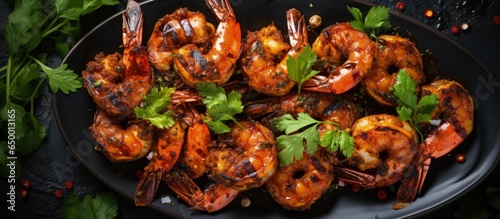 Top view of tiger prawns and shrimp skewers fried on a stone background