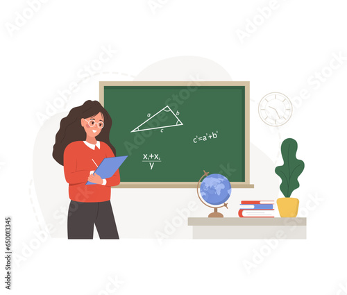 Female teacher in classroom. Pedagogue at lecture at chalkboard. School and college concept. Vector illustration in flat cartoon style.