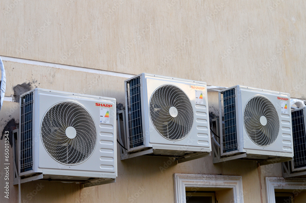 Cairo, Egypt, September 17 2023 Sharp air conditioner compressor for cooling and ventilation of