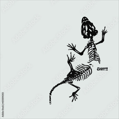 Skeleton lizard, gecko break into 2 in the middle with middle finger sign in blank template. Stock vector. Design for indie t-shirt, creative art, card, poster etc