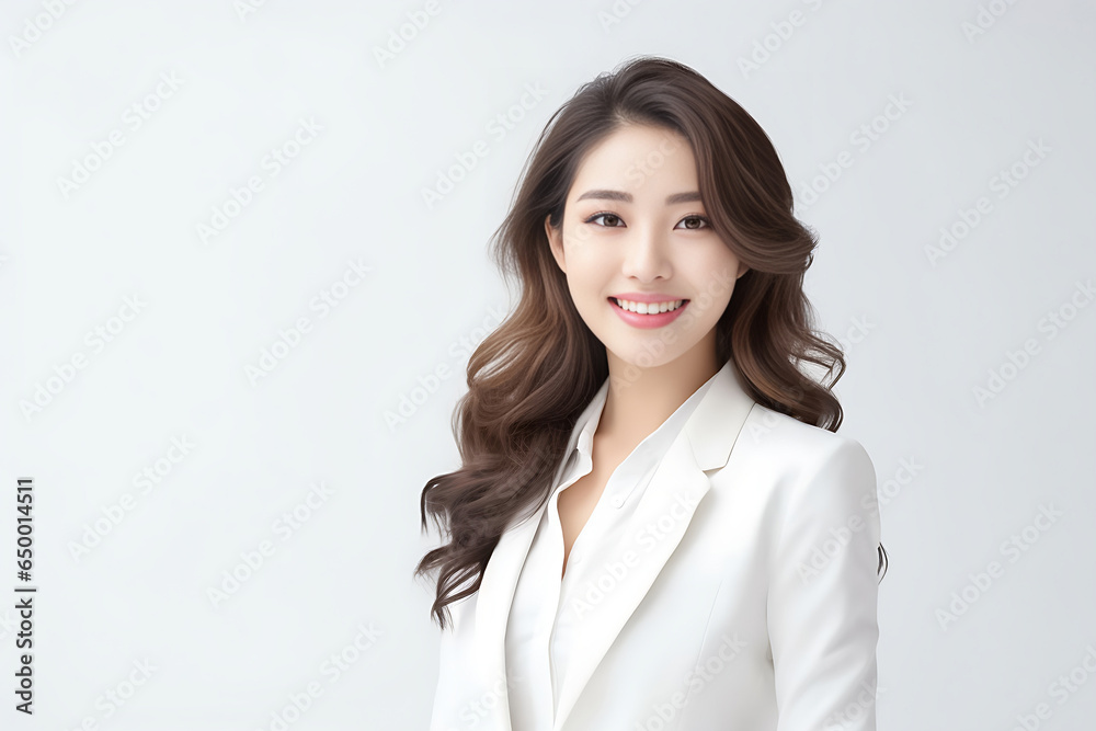 Happy smiling Asian woman posing on her blank white suit while standing isolated over gray background. Professional uniforms such as accountant, office girl, sales. Generative AI. Happy smiling Asian woman posing on her blank white suit while standing isolated over gray background. Professional uniforms such as accountant, office girl, sales. Generative AI.
