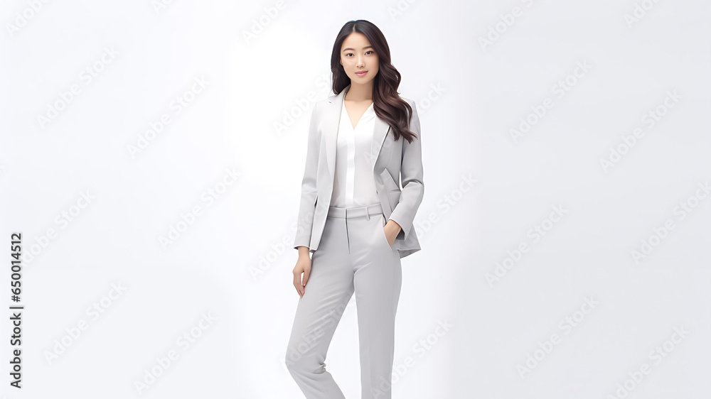 Happy smiling Asian woman posing on her blank white suit while standing isolated over gray background. Professional uniforms such as accountant, office girl, sales. Generative AI. Happy smiling Asian woman posing on her blank white suit while standing isolated over gray background. Professional uniforms such as accountant, office girl, sales. Generative AI.