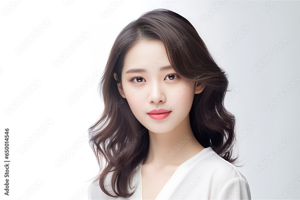 Happy smiling Asian woman posing on her blank white suit while standing isolated over gray background. Professional uniforms such as accountant, office girl, sales. Generative AI. Happy smiling Asian woman posing on her blank white suit while standing isolated over gray background. Professional uniforms such as accountant, office girl, sales. Generative AI.